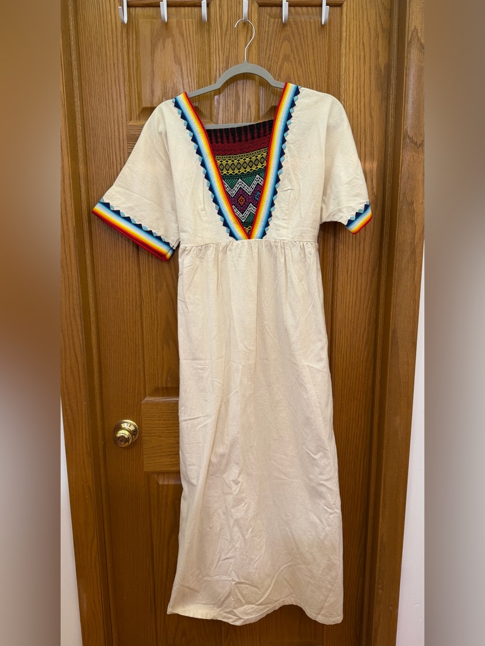 Vintage Embroidered V‑Neck Maxi Dress with Rainbow Trim from Thailand No Tags
